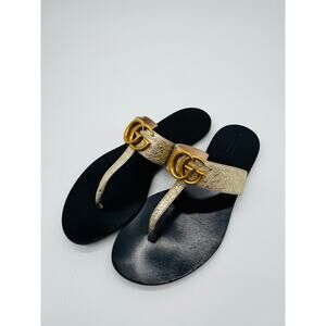 Gucci Classic Marmont GG Metallic Gold Thong Sandals Leather Euro Summer 37